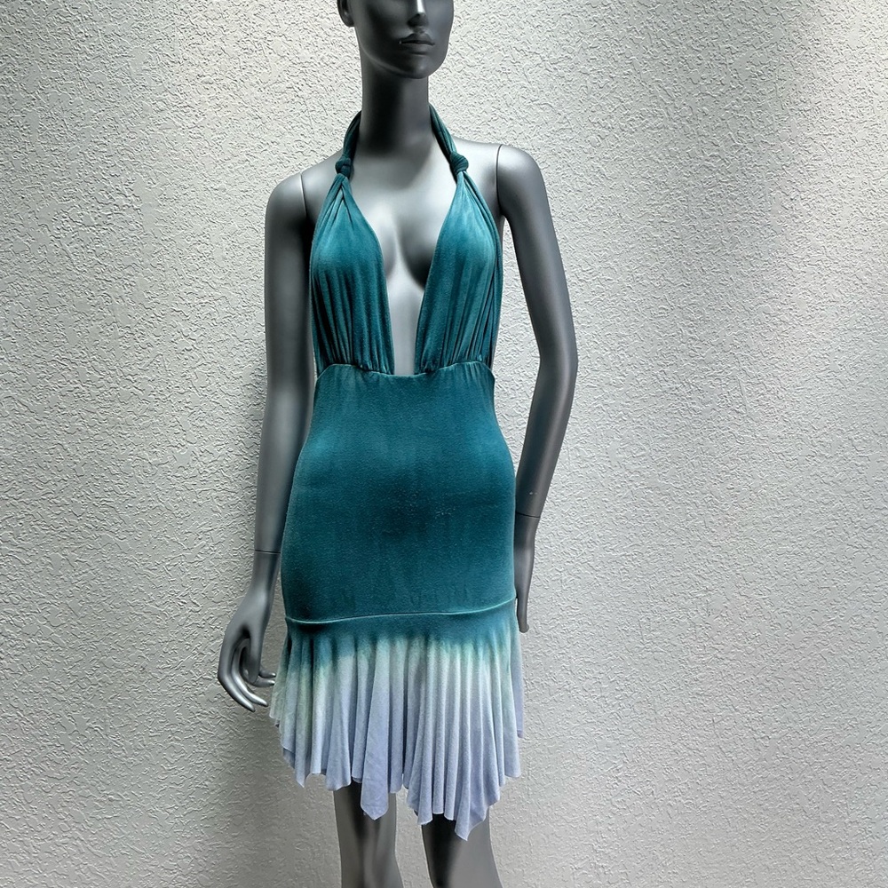 Teal and White Halter Mini Dress soft stretchy cotton size M